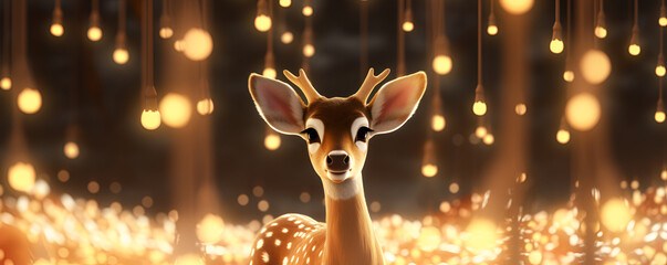 a deer standing in the middle of a forest filled with trees with a golden bokeh of lights in the background with hanging lights