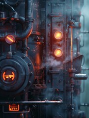 Advanced boiler tech for steam generation, macro shot, glowing details, sci-fi factory ambiance