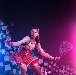 Padel tennis player with racket on tournament. Girl athlete with paddle racket on court with neon colors. Sport concept. Download a high quality photo for design of a sports app or tour events. - 776098968