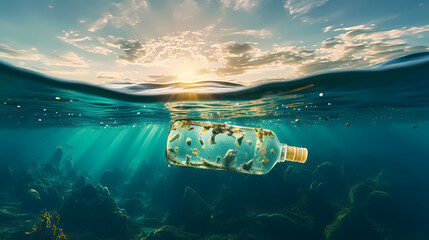 Plastic bottles floating in water, plastic pollution