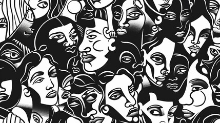 A black and white artwork featuring a multitude of varied individuals grouped closely together in a seamless, intricate pattern