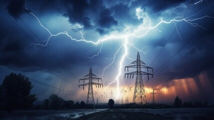 Electrical Tower with Lightning Strike - obrazy, fototapety, plakaty