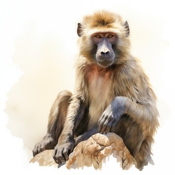 recommend clip art: Baboon monkey. Baboon clipart. Safari African nature animal. Watercolor illustration. Generative AI. Detailed illustration.