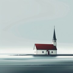 A calming digital painting of a Lutheran church with minimalist design, set against the backdrop of a tranquil sea or lake, capturing the essence of tranquility and natural beauty - obrazy, fototapety, plakaty