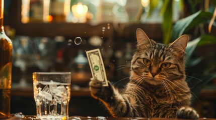 Creative hyper realistic of a cat, characterized as a businessman, secretly passing a banknote to an Asian water monitor depicted as a government officer, playfully symbolizing the concept of bribery. - obrazy, fototapety, plakaty