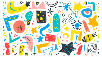 Pencil drawn doodle element set with grunge texture. Bright colour stickers collection. Childish and sketch style. Vector illustration