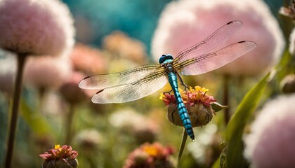 A vivid blue dragonfly perches delicately on a blooming flower, its translucent wings aglow with the soft light filtering through the petals.