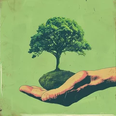 Fotobehang Illustrate a hand with a tree on the palm, set against a green background, symbolizing the concept of the human imprint on nature and our role as stewards of the natural world © Pairat