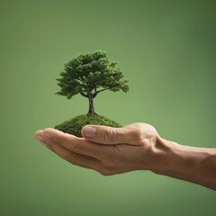 Illustrate a hand with a tree on the palm, set against a green background, symbolizing the concept of the human imprint on nature and our role as stewards of the natural world