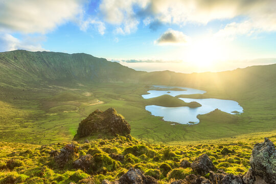 Panoramic view of the caldeira, lagoa do caldeirao, in Corvo island during sunset, Azores, Portugal. 