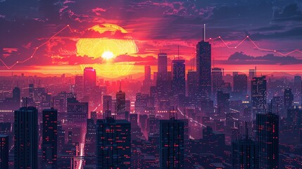 Dramatic sunrise over a digital cityscape with a soaring Bitcoin graph Represents new beginnings in the crypto world, optimism, and potential - obrazy, fototapety, plakaty