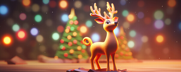 a cute adorable baby deer character stands in front of Christmas tree abstract background with bokeh night view