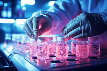 A scientist working with pharmaceutical medical glass with pink colored chemicals in a clinical laboratory