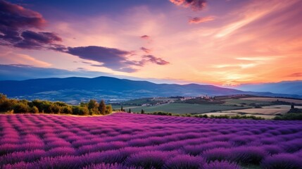 Purple lavender field in a hilly environment at sunset