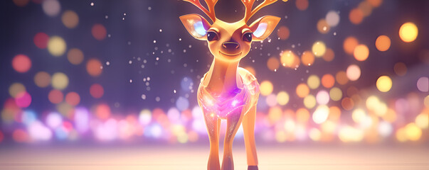 Christmas crystal deer and decorations on abstract and bokeh background walking on a stage 
