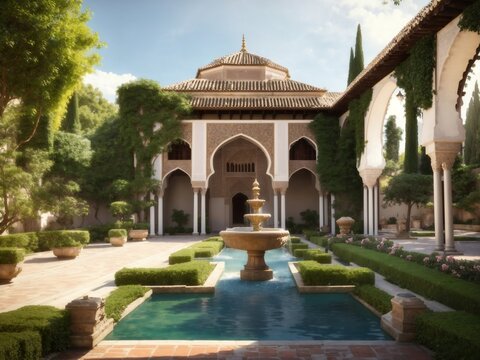 "Ethereal Oasis: Hyper-Realistic Depiction of Moorish Gardens in Granada, Spain's Islamic Golden Age"
