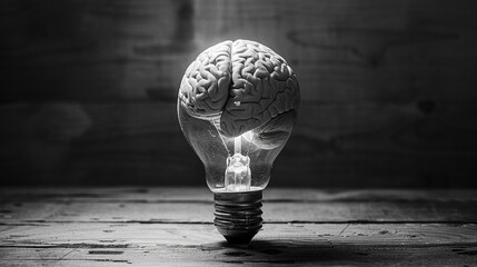Dynamic contrast of a shadowed brain against a brightly lit bulb, highlighting the spark of genius in moments of thought - obrazy, fototapety, plakaty