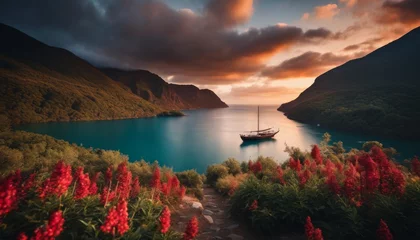 Poster Dramatic sunset over a serene fjord with a vintage sailboat anchored, surrounded by steep mountains and vibrant red flora leading to the water. © video rost