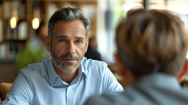 Business hyper realistic depicting a man being interviewed by a recruiter, set in a formal office environment, symbolizing a negotiation and candidate selection process.