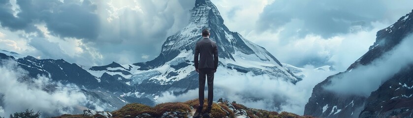 Executive coach, elegant designer suit, cinematic photography style, inspiring and serene mountain retreat background , sci-fi tone, technology