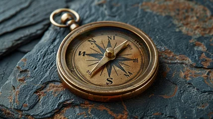 Foto op Plexiglas Elegant, antique brass compass on a dark, textured surface, highlighting the contrast between past and present guidance © Samita