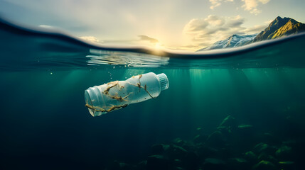 Plastic bottles floating in water, plastic pollution - obrazy, fototapety, plakaty