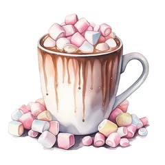 Foto op Plexiglas Watercolor illustration of a hot cocoa mug with marshmallows, isolated on white background. © Nataliia Pyzhova