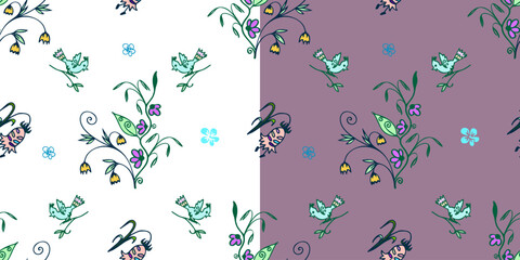 Vector seamless doodle pattern with hand-drawn decorative flowers, ears of corn, birds. Two different backgrounds