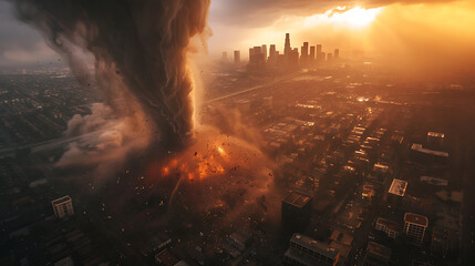 Huge tornado destroys city, bigger and bigger world disaster concept.