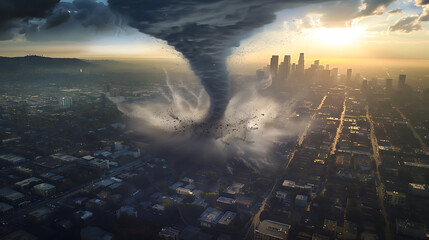 Huge tornado destroys city, bigger and bigger world disaster concept. - obrazy, fototapety, plakaty