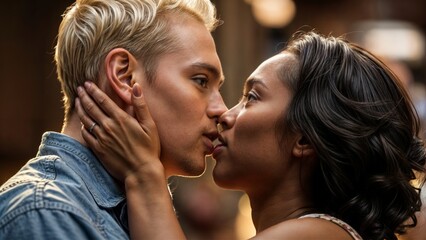 young white man kissing black woman