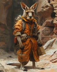 Kangaroo Courier, a kangaroo in a delivery uniform, carrying parcels in its pouch , sci-fi tone