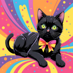 La imagen de un hermoso gato negro sentado, con un moño colorido en el cuello.