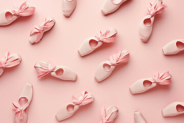 Pink Ballet Shoes on Matching Pink Background Top View Flat Lay Composition of Feminine Footwear Items - obrazy, fototapety, plakaty