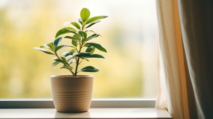 Small green plant in a beige pot sitting on a windowsill