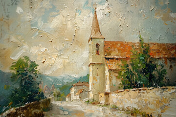 Vintage Church Painting - beautiful Landscape and neutral colors