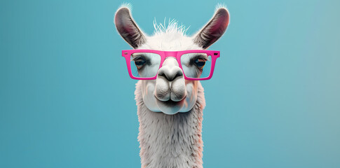 Cute lama with pink glasses on blue background with copy space for text