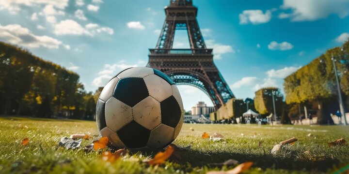 A close-up of a soccer ball on the grass in front of the Eiffel Tower. Summer in Paris. There is a black-and-white football ball in the park.