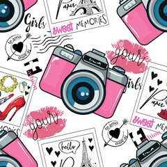 Cute pattern with cameras. Hand drawn girly background for textile, clothing, fashion, wrapping paper
