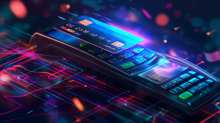 A vibrant, close-up view of a colorful payment terminal with neon lights, emphasizing technology and finance