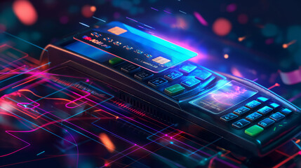 Obraz premium A vibrant, close-up view of a colorful payment terminal with neon lights, emphasizing technology and finance