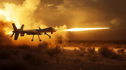 A dramatic image of a military drone against a sunset backdrop, capturing the moment of missile launch in a remote area - obrazy, fototapety, plakaty