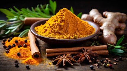 Spices curry powder, turmeric, ginger, bay leaf. Food background 