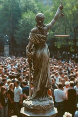 A bronze statue of Themis, blindfolded, symbolizing justice and impartiality, stands in the city...