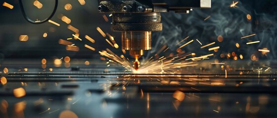 Close-up of a CNC machine laser cutter in action, intense beam slicing through metal with precision, sparks scattering.