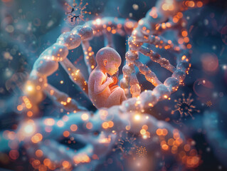 A creative 3D illustration featuring a fetus gently cradled in a background of glowing DNA sequences with virus particles subtly embedded - obrazy, fototapety, plakaty