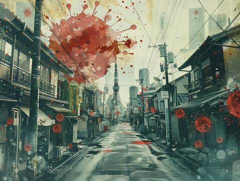 A composite image illustrating the Japan flag over a street view of a traditional Tokyo neighborhood with streptococcus pyogenes subtly integrated