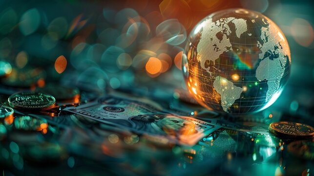 Globe surrounded by diverse currencies and trading symbols, symbolizing global investment flows and exchange dynamics