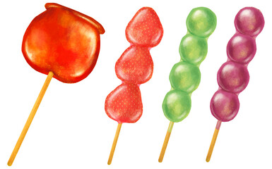 屋台に並ぶ果物飴のイラストセット