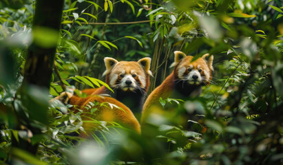 Fototapeta premium Red pandas in the lush green forest of Sichuan, China